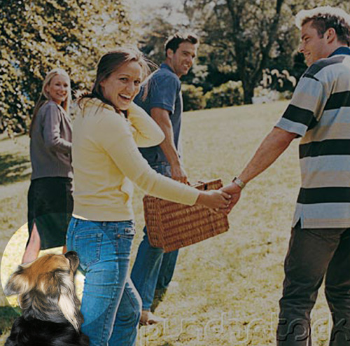 Heather aims for the bum, but has her eyes mainly on the picnic basket
